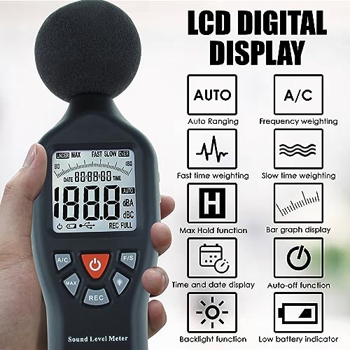 Decibel Meter, Sound Level Meter CD Software Audio Decibel Noise Measure Tester 30 – 130 dB Audio Noise Measuring Range with Backlit LCD Display, Data Record Function