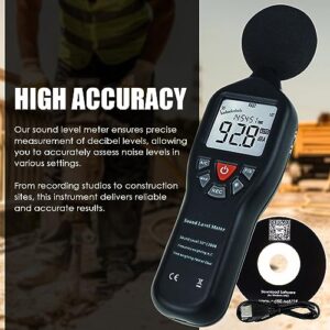 Decibel Meter, Sound Level Meter CD Software Audio Decibel Noise Measure Tester 30 – 130 dB Audio Noise Measuring Range with Backlit LCD Display, Data Record Function