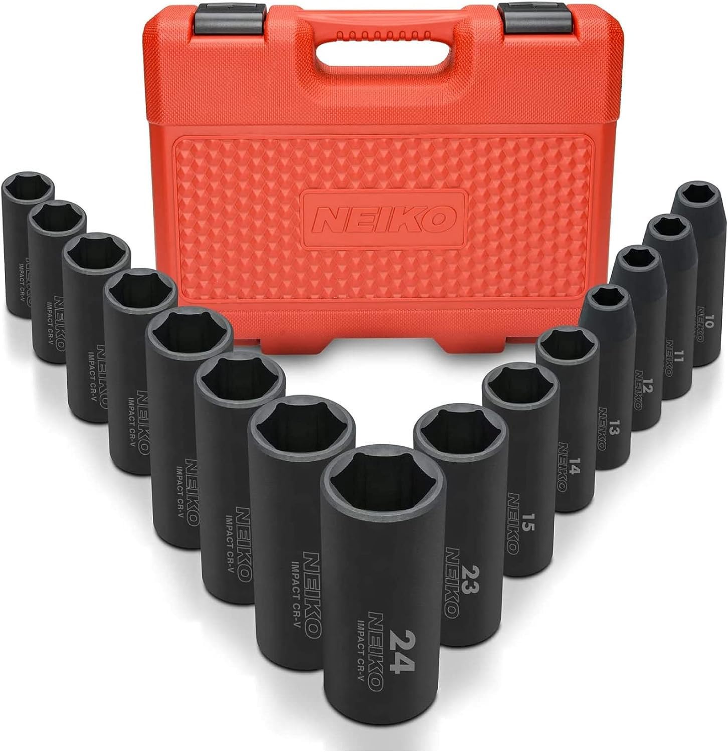 NEIKO 02474A 1/2" Impact Socket Set, 15 Piece Metric Socket Set 10-24 mm, Deep Sockets, 6 Point, 1/2” Drive Sockets for 1/2" Impact Wrench, Chrome Vanadium Cr-V