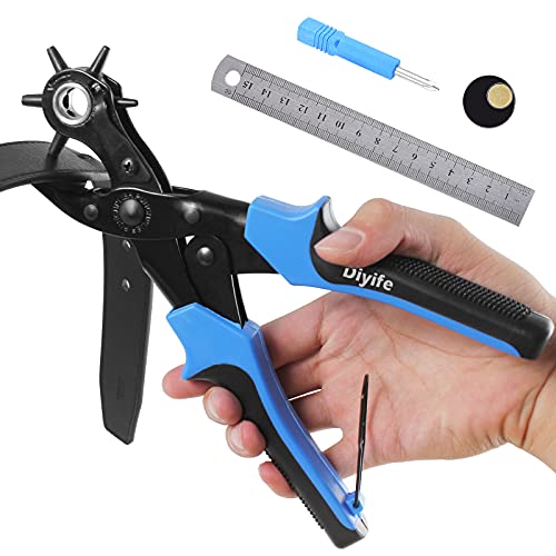 Diyife® Professional Leather Hole Puncher, Full Set Punch Tool Kits for Belt, Watch Band, Shoe, Crafting, Handbag Straps, Fabric, with Extra Punch Plates and Ruler, Multi Hole Sizes Make - Blue