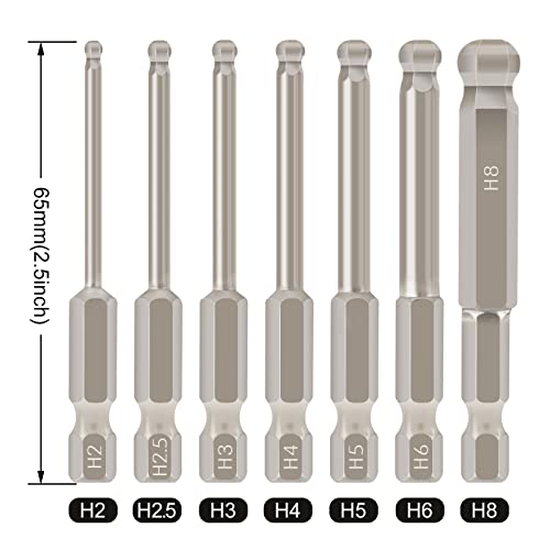 7pcs Metric Ball End Hex Screwdriver Bit Set Magnetic Ball Head Allen bits 2MM 2.5MM 3MM 4MM 5MM 6MM 8MM 1/4 Inch Hex Shank 65MM Length