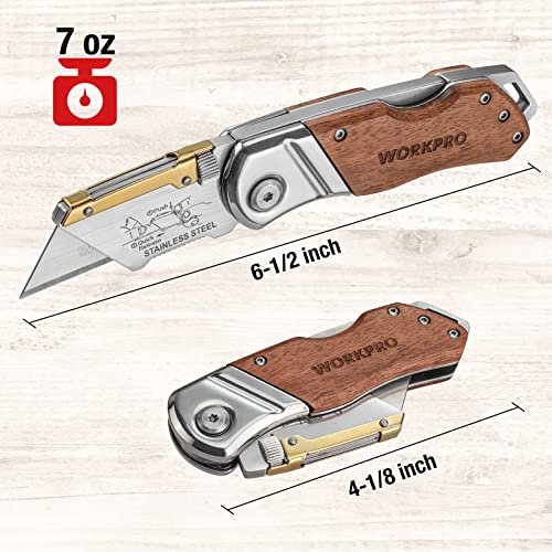 WORKPRO Folding Utility Knife with Belt Clip and Extra 10-piece Blades, Wood Handle Heavy Duty Cutter, Quick-change & Back Lock