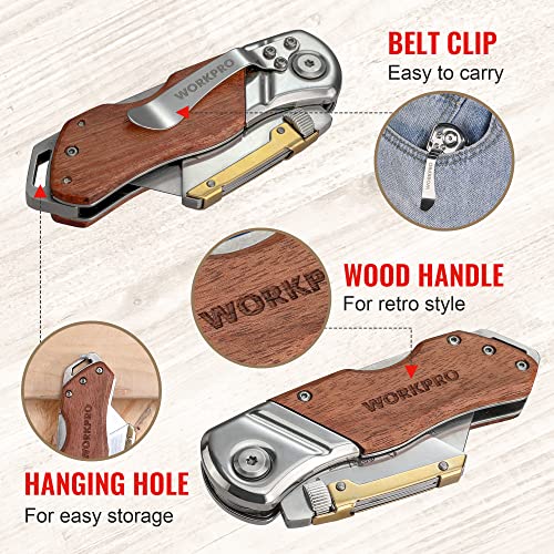 WORKPRO Folding Utility Knife with Belt Clip and Extra 10-piece Blades, Wood Handle Heavy Duty Cutter, Quick-change & Back Lock