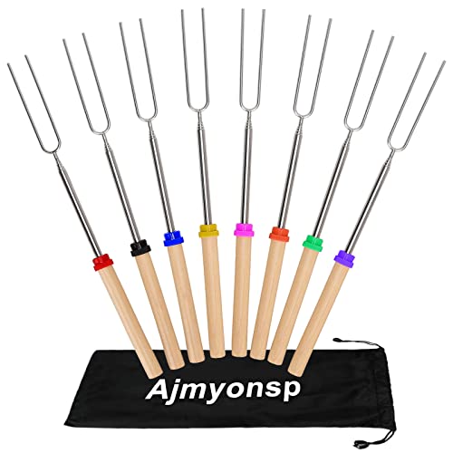 Ajmyonsp Marshmallow Roasting Sticks - Smores Sticks for Fire Pit Extra Long Extendable Smore Skewers Hot Dog Sticks for Campfire, 32 Inch Telescoping Forks Set of 8Pcs