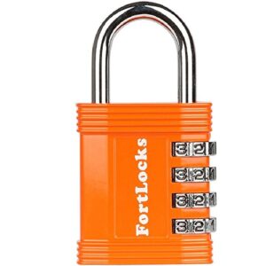 fortlocks padlock - 4 digit combination lock for gym outdoor & school locker, fence, case & shed – heavy duty resettable set your own combo – waterproof & weatherproof (1 pack - orange)