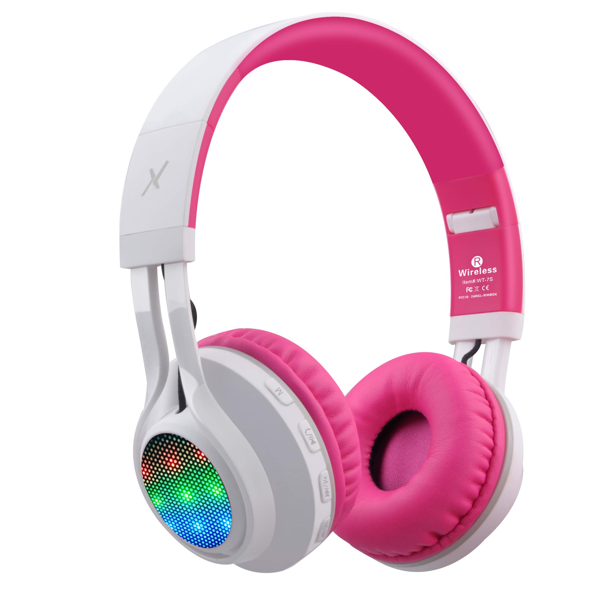 Riwbox WT-7S Bluetooth Headphones Light Up, Foldable Stero Wireless Headset with Microphone and Volume Control for PC/Cell Phones/TV/iPad (Pink)