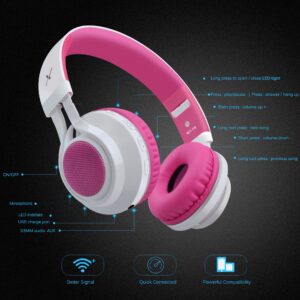 Riwbox WT-7S Bluetooth Headphones Light Up, Foldable Stero Wireless Headset with Microphone and Volume Control for PC/Cell Phones/TV/iPad (Pink)