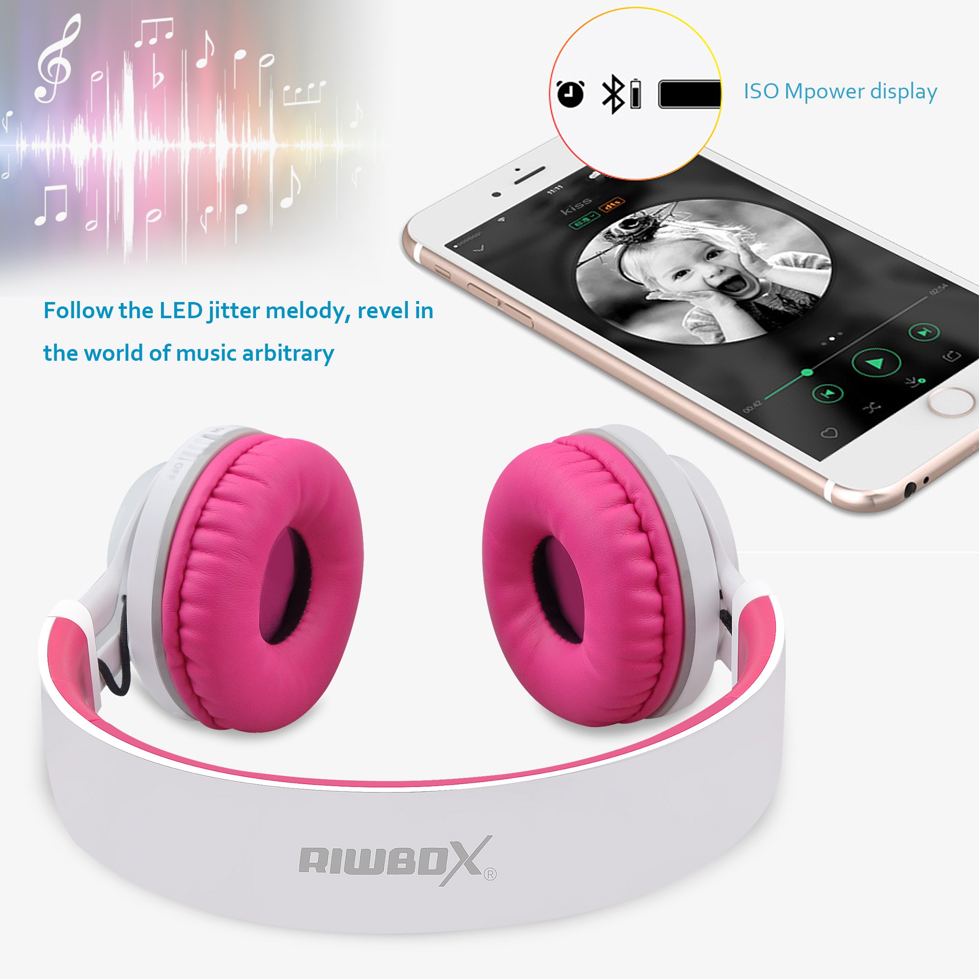 Riwbox WT-7S Bluetooth Headphones Light Up, Foldable Stero Wireless Headset with Microphone and Volume Control for PC/Cell Phones/TV/iPad (Pink)