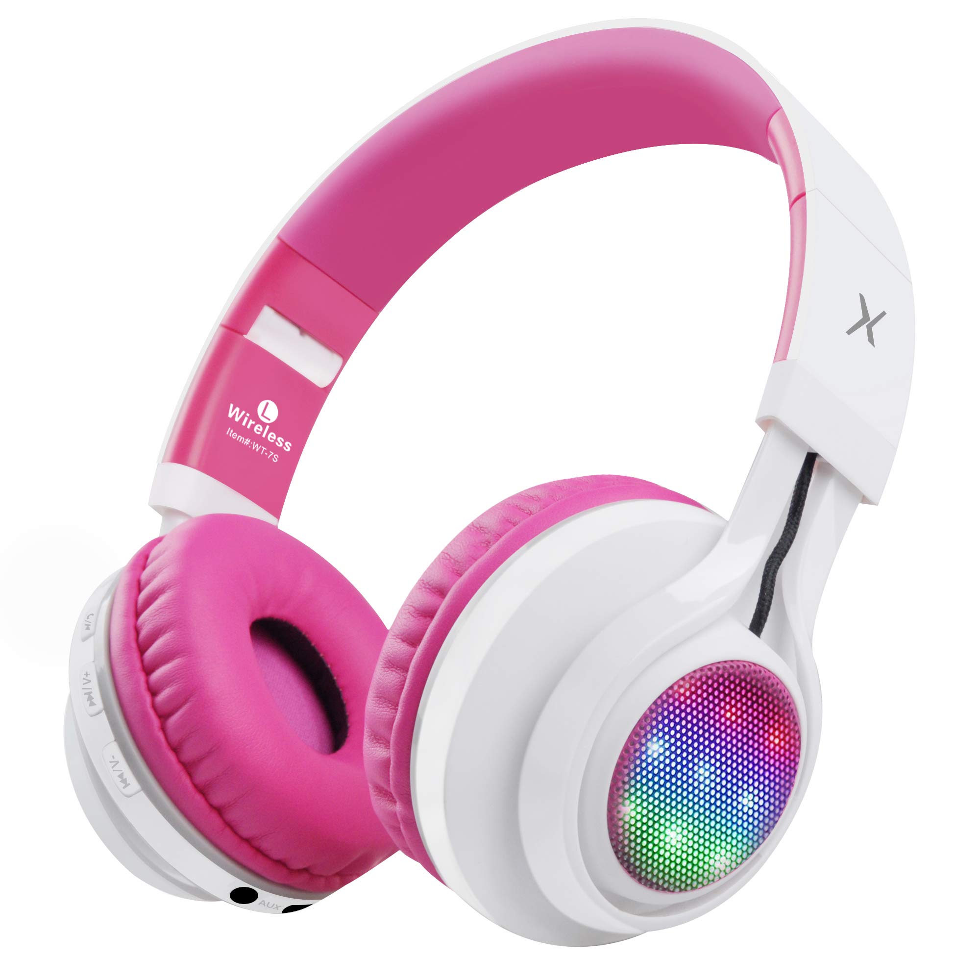 Riwbox WT-7S Bluetooth Headphones Light Up, Foldable Stero Wireless Headset with Microphone and Volume Control for PC/Cell Phones/TV/iPad (Pink)