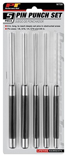 Performance Tool W758 5 Piece 8-Inch Long Carbon Steel Pin Punch Set, Pin Sizes 1/8", 3/16", 1/4", 5/16" and 3/8"