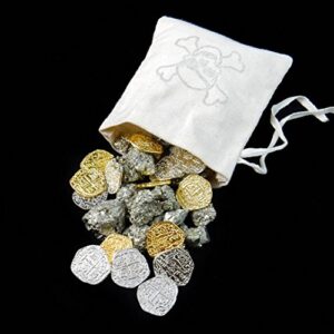 Beverly Oaks ONE (1) Pirate Booty Pouch Filled with 1/2 Pound Pyrite and 15 Metal Pirate Treasure Coins - Shiny Gold and Silver Doubloon Replicas