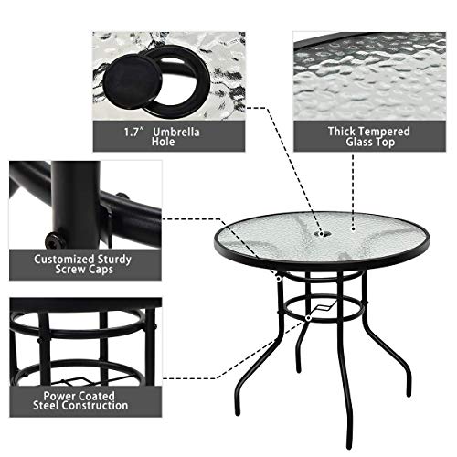 Tangkula 32" Outdoor Patio Table Round Steel Frame Tempered Glass Top Commercial Party Event Furniture Conversation Coffee Table for Backyard Lawn Balcony Pool with Umbrella Hole