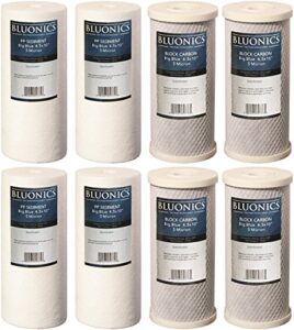 8 pack filters-4 carbon block & 4 sediment replacement water filters 5-micron 4.5" x 10" whole house for rust, iron, sand, dirt, chlorine and odors