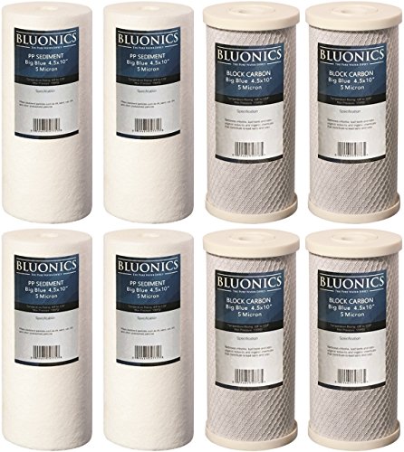 8 Pack Filters-4 Carbon Block & 4 Sediment Replacement Water Filters 5-Micron 4.5" x 10" Whole House for Rust, Iron, Sand, Dirt, Chlorine and Odors