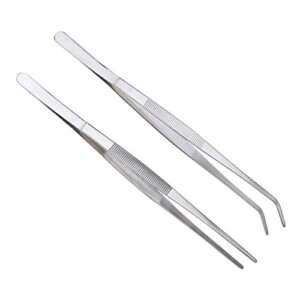 2 pcs straight and curved tip tweezers 12 inch, stainless steel precision tweezers set with serrated tips comfortable ridged handle, tweezer tongs for cooking repairing with essential tweezer ebook