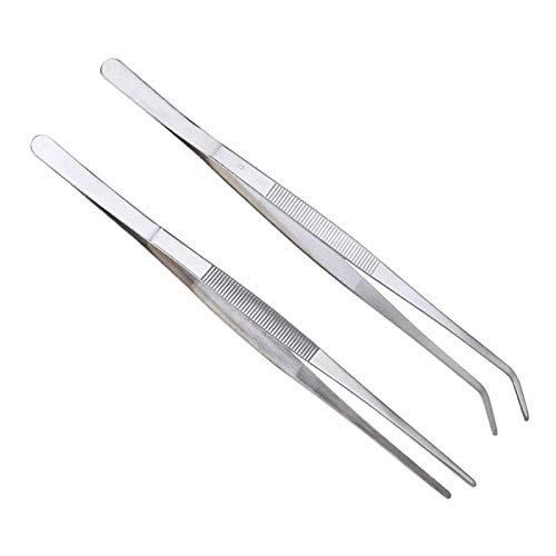 2 Pcs Straight and Curved Tip Tweezers 12 Inch, Stainless Steel Precision Tweezers Set with Serrated Tips Comfortable Ridged Handle, Tweezer Tongs for Cooking Repairing with Essential Tweezer Ebook