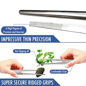 2 Pcs Straight and Curved Tip Tweezers 12 Inch, Stainless Steel Precision Tweezers Set with Serrated Tips Comfortable Ridged Handle, Tweezer Tongs for Cooking Repairing with Essential Tweezer Ebook