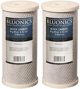 bluonics carbon block replacement water filters 2 pcs (5 micron) 4.5" x 10" cartridges for chlorine, herbicides, insecticides, bad taste and odor