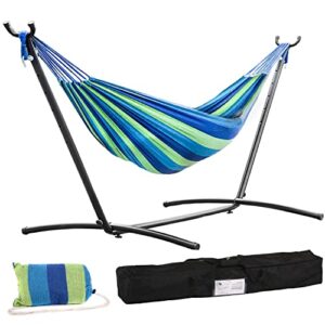fdw double hammock stands portable hammock stand heavy duty steel stand for outdoor patio or indoor (blue)