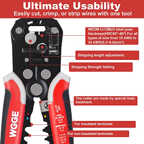 WGGE WG-014 Self-Adjusting Insulation Wire Stripper. For stripping wire from AWG 10-24, 3 in 1 Automatic Wire Stripping Tool/Cutting Pliers Tool, Automatic Strippers with Cutters & Crimper 8"