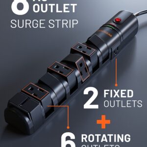 ECHOGEAR VoltSpin Surge Protector Power Strip with Rotating Outlets, Flat Plug, Long Cord, & Mounting Holes - Power Strip with Heavy Duty Surge Supression Plus Built-in Cable Management