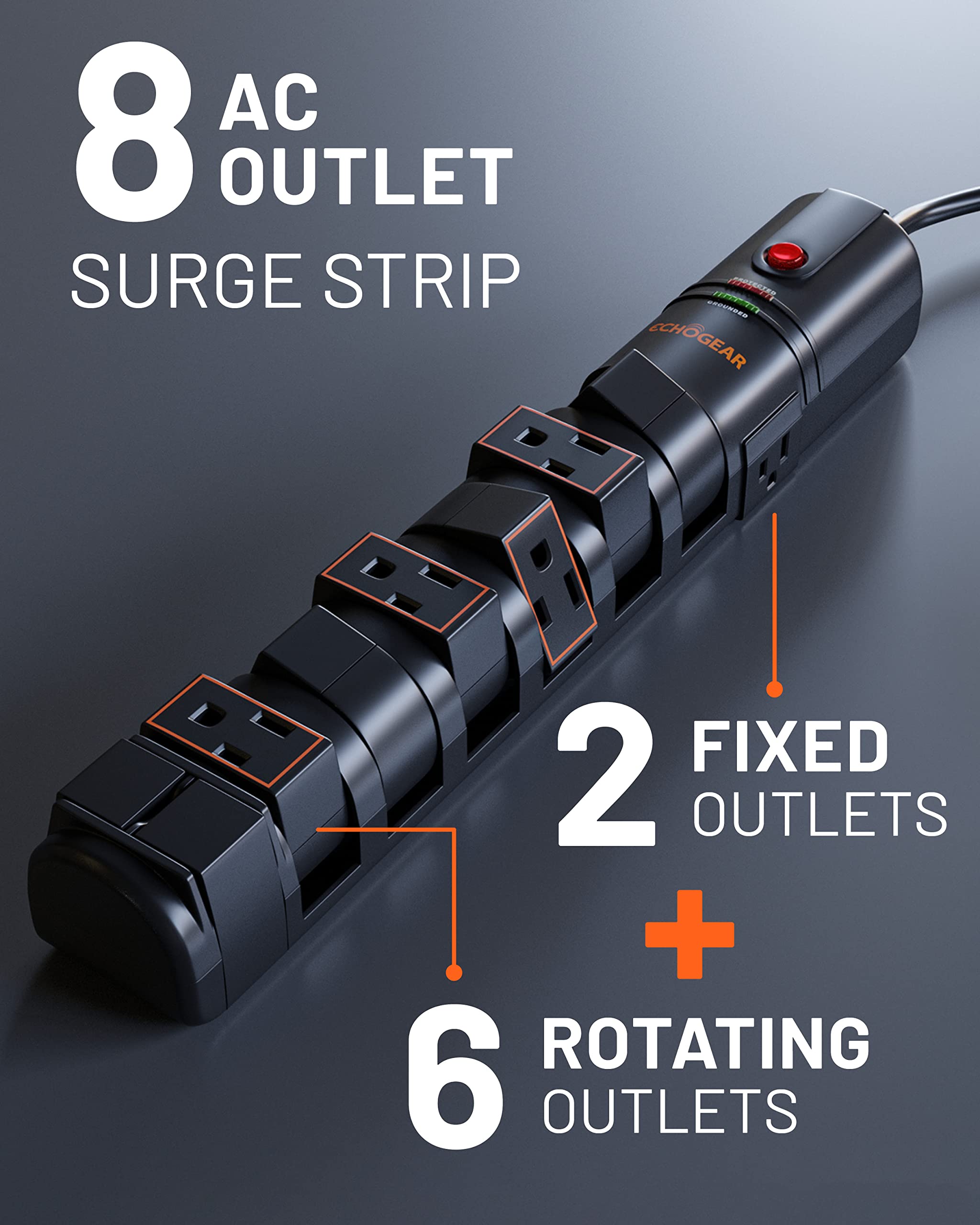 ECHOGEAR VoltSpin Surge Protector Power Strip with Rotating Outlets, Flat Plug, Long Cord, & Mounting Holes - Power Strip with Heavy Duty Surge Supression Plus Built-in Cable Management