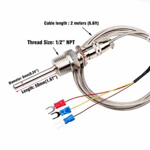 CrocSee RTD Pt100 Temperature Sensor Probe 3 Wires 2M Cable Thermocouple -58~572°F (-50-300°C) 1/2" BSP Thread