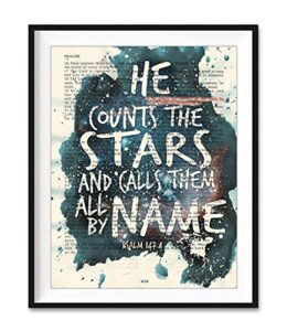 he counts the stars and calls them all by name, psalm 147:4, christian unframed reproduction art print, vintage bible verse scripture wall and home decor, inspirational watercolor gift, 8x10 inches
