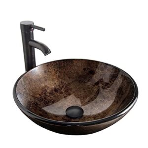 bathroom vessel sink, 16.5" artistic glass bathroom bowl basin with faucet, mounting ring and pop up drain, brown