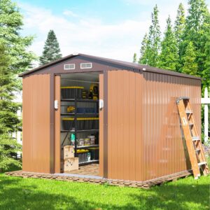 jaxpety 6’ x 8’ outdoor metal storage shed, lawn equipment house with lockable sliding door, tool organizer for backyard garden w/ gable roof, vents, white and gray