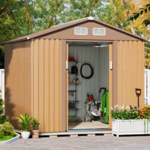 JAXPETY 6’ x 8’ Outdoor Metal Storage Shed, Lawn Equipment House with Lockable Sliding Door, Tool Organizer for Backyard Garden w/ Gable Roof, Vents, White and Gray