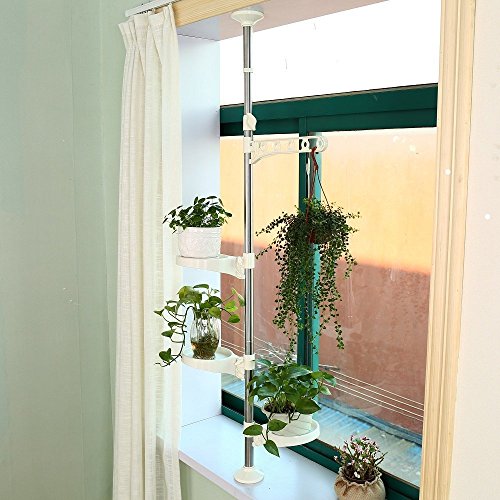 BAOYOUNI Indoor Plant Pole Stand Tension Rod Hanger Window Sill Flower Display Rack Holder Adjustable Corner Vertical Storage Organizer with 3 Trays & 1 Arm for Counter Top, Ivory