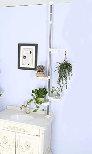 BAOYOUNI Indoor Plant Pole Stand Tension Rod Hanger Window Sill Flower Display Rack Holder Adjustable Corner Vertical Storage Organizer with 3 Trays & 1 Arm for Counter Top, Ivory