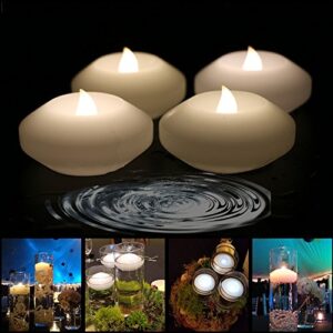 acmee pack of 4 wax flickering led waterproof floating candles warm white tealights 3 inch battery operated flameless led floating candles for centerpiece wedding pool party decor