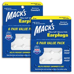 mack's pillow soft silicone earplugs, value pack - the original moldable silicone putty ear plugs for sleeping, snoring, swimming, travel, concerts and studying, 6 pair (pack of 2)