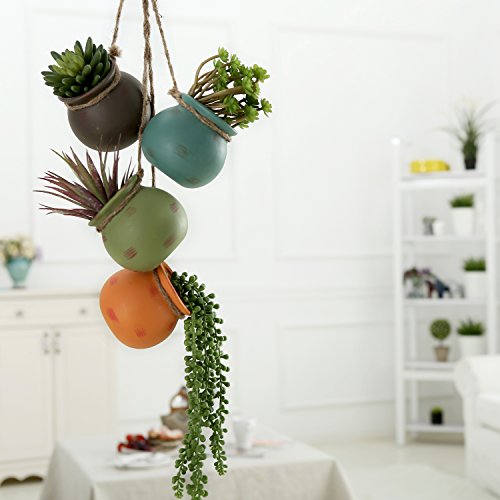 MyGift Dangling Southwest Desert Color Ceramic 4 Pot Set, Wall or Ceiling Mount Hanging Mini Flower Planters