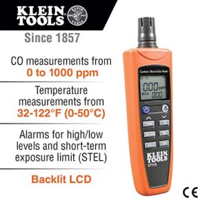 Klein Tools ET110 CO Meter, Carbon Monoxide Tester and Detector with Exposure Limit Alarm, 4 x AAA Batteries and Carry Pouch Included