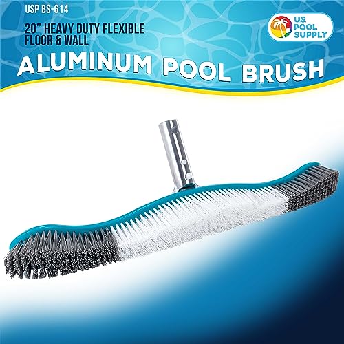 U.S. Pool Supply Professional Heavy Duty 20" Flexible Floor & Wall Pool Brush with Polished Aluminum EZ Clip Handle - Curved Ends, Durable Nylon Bristles - Sweep Debris from Walls, Floors, Steps