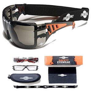 toolfreak rip out safety glasses - tinted - polycarbonate lens z87.1 rated - foam padding & adjustable strap - impact resistance & distortion-free lenses (hard case)