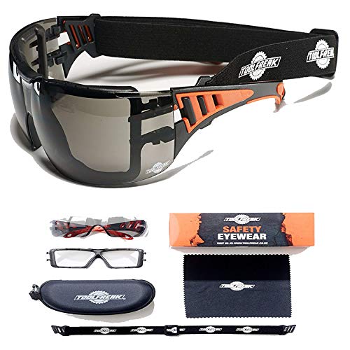 ToolFreak Rip Out Safety Glasses - Tinted - Polycarbonate Lens z87.1 Rated - Foam Padding & Adjustable Strap - Impact Resistance & Distortion-Free Lenses (Hard Case)