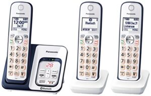 panasonic expandable cordless phone system with link2cell bluetooth, voice assistant, answering machine and call blocking - 3 cordless handsets - kx-tgd563a (navy blue/white)