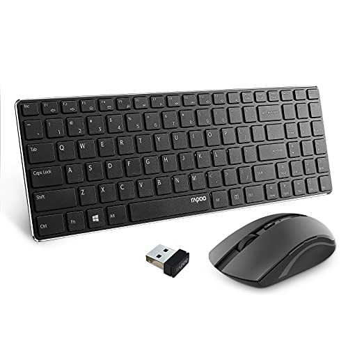 Rapoo Slim Wireless Keyboard and Mute Mouse Combo, 4.9mm Ultra-Thin Lightweight, 2.4GHz Portable Keyboards, 500/1000 DPI Silent Mouse for Computer, Desktop, PC, Notebook, Laptop, Black, 9300T