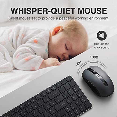 Rapoo Slim Wireless Keyboard and Mute Mouse Combo, 4.9mm Ultra-Thin Lightweight, 2.4GHz Portable Keyboards, 500/1000 DPI Silent Mouse for Computer, Desktop, PC, Notebook, Laptop, Black, 9300T