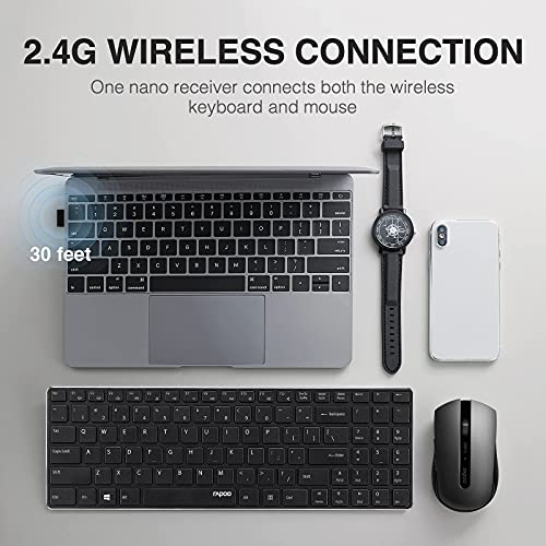 Rapoo Slim Wireless Keyboard and Mute Mouse Combo, 4.9mm Ultra-Thin Lightweight, 2.4GHz Portable Keyboards, 500/1000 DPI Silent Mouse for Computer, Desktop, PC, Notebook, Laptop, Black, 9300T