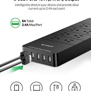 ORICO Surge Protector Power Strip with 8 Outlets and 5 USB Charging Ports, Flat Extension Cord 5 FT(1875W/15A), 1700J Ideal for Home and Office Accessories, ETL Listed - Black(HPC-8A5U)