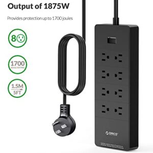 ORICO Surge Protector Power Strip with 8 Outlets and 5 USB Charging Ports, Flat Extension Cord 5 FT(1875W/15A), 1700J Ideal for Home and Office Accessories, ETL Listed - Black(HPC-8A5U)