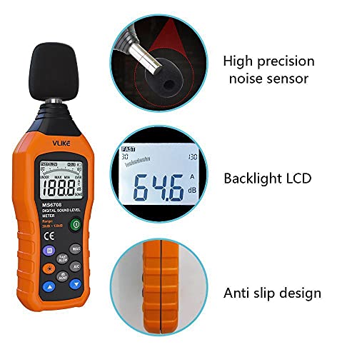 VLIKE Noise Sound Level Meter, Digital Decibel Meter with LCD, Audio Measurement 30 dB to 130 dB, DB Meter with A and C Frequency Weighting for Sound Level Testing