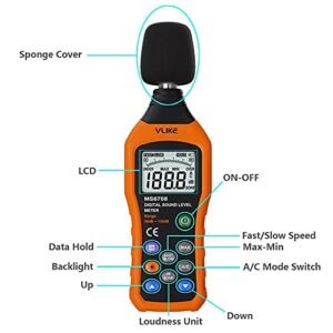 VLIKE Noise Sound Level Meter, Digital Decibel Meter with LCD, Audio Measurement 30 dB to 130 dB, DB Meter with A and C Frequency Weighting for Sound Level Testing