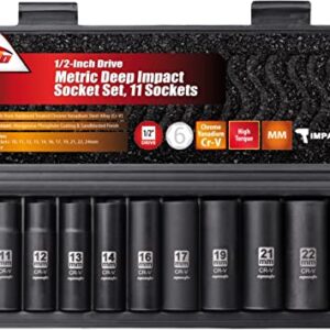 EPAuto 1/2-Inch Drive Metric Deep Impact Socket Set, Cr-V, 6 Points, 11 Sockets