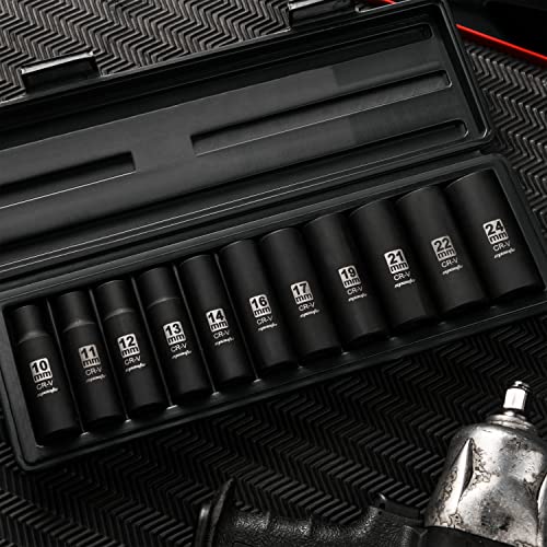 EPAuto 1/2-Inch Drive Metric Deep Impact Socket Set, Cr-V, 6 Points, 11 Sockets